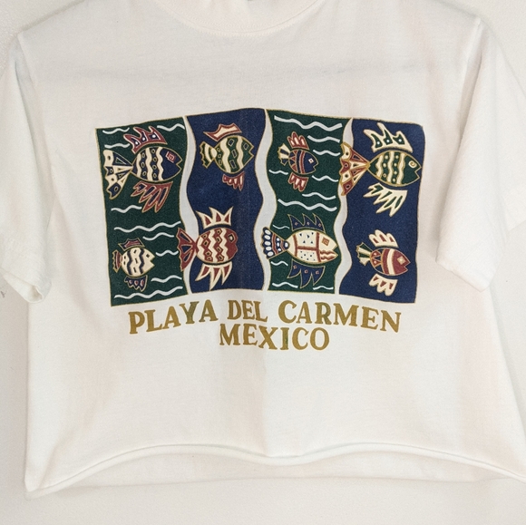 Vintage 90s Fish Folk Art Playa Del Carmen Mexico Cropped Tee - Picture 3 of 10